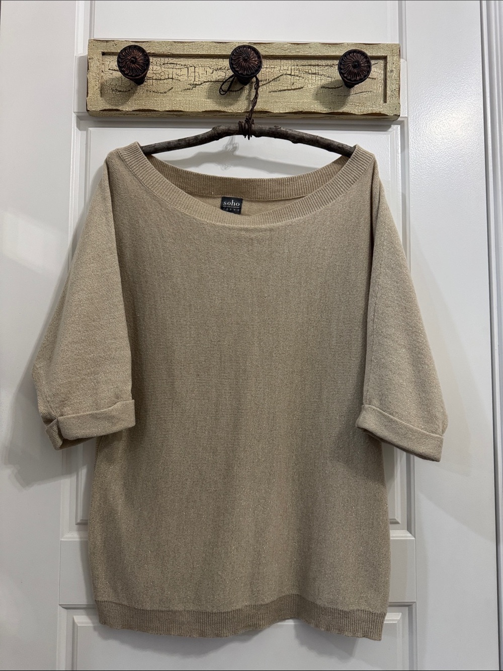 Soho Metallic Beige Off-the-Shoulder Half-Sleeve Sweater